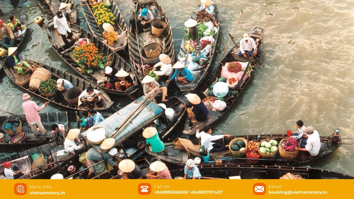 Cai Be floating market on the Tien River offers a convenient glimpse into river trade, accessible as a day trip from Ho Chi Minh City.