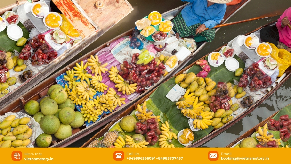 Cai Rang Floating Market in Can Tho, the largest in the Mekong Delta, thrives with hundreds of boats trading produce and local food.