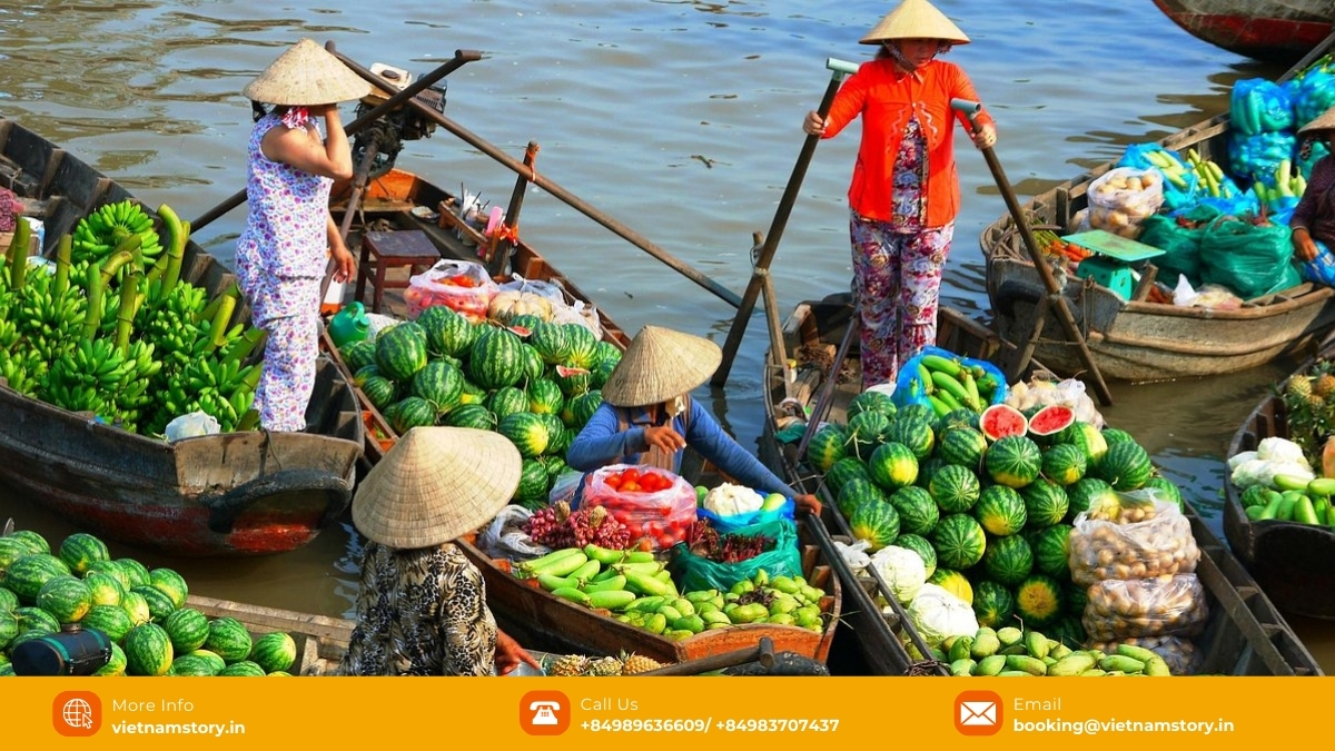Phong Dien floating market near Can Tho offers an intimate and authentic experience with fewer boats and a focus on local retail trade.