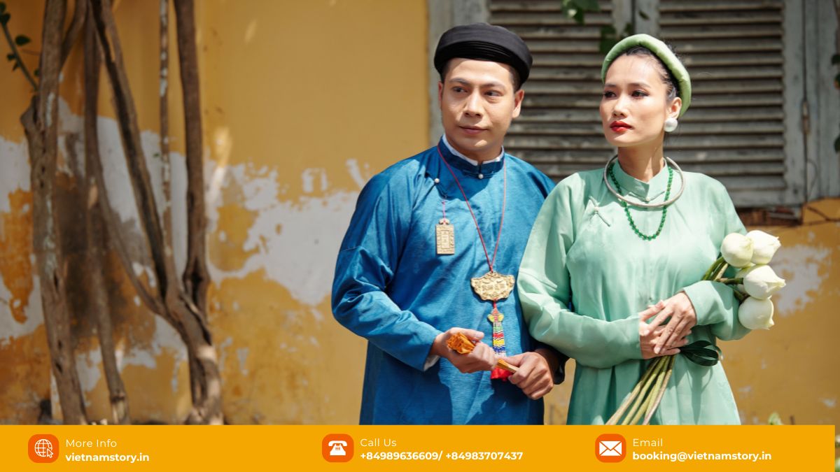 Man and woman wearing elegant traditional Vietnamese Ao Dai