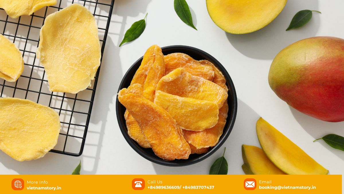 Assortment of dried fruits including mango and jackfruit chips, popular Vietnamese snacks.