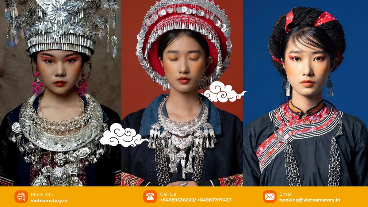 Group of Vietnamese ethnic minority women showcasing their diverse and colorful traditional costumes