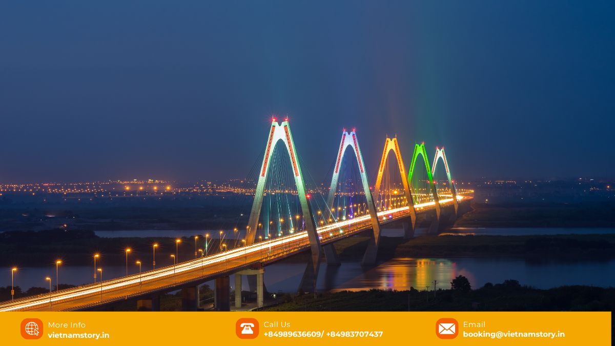 Nhat Tan Bridge Hanoi at night illuminated cable-stayed Vietnam