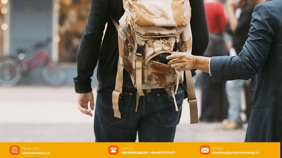 Indian tourist securing belongings in a backpack, demonstrating safety tips for travelling in Vietnam's cities.