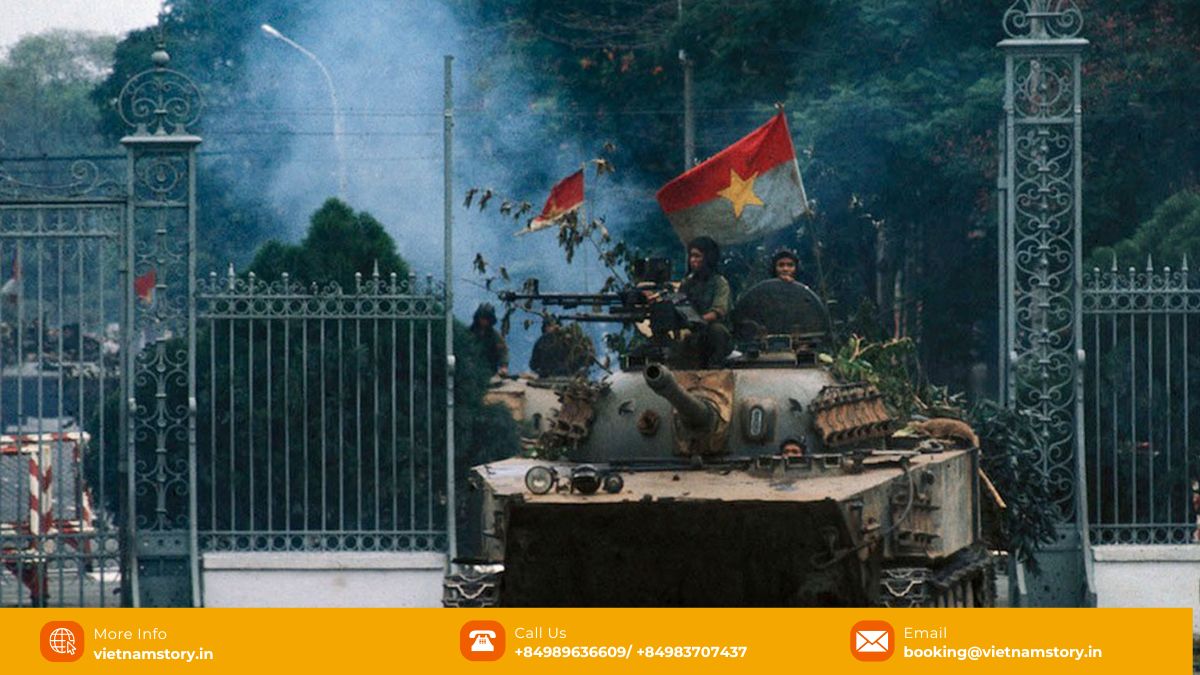 Iconic image of North Vietnamese tanks entering the Independence Palace grounds in Saigon on April 30, 1975