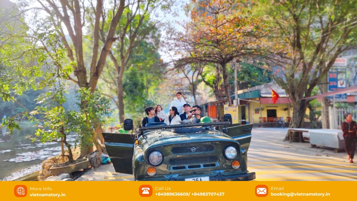 A full-day Jeep Tour Ninh Binh itinerary map showing the route between Mua Cave, Trang An, and the countryside.