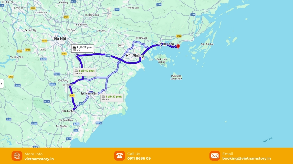 Ninh Binh to Ha Long Bay: Your Guide to the "Karst Corridor" 4 The total distance from Ha Long Bay to Ninh Binh is 175 kilometers in case you depart from Ha Long International Cruise Port to Trang An Wharf. With this distance, it is expected to take about 3.5 hours to travel without a break.